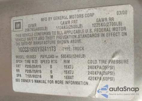 2000 Chevrolet S-10 Ls from USA, damaged, VIN 1GCCS1955Y8241173